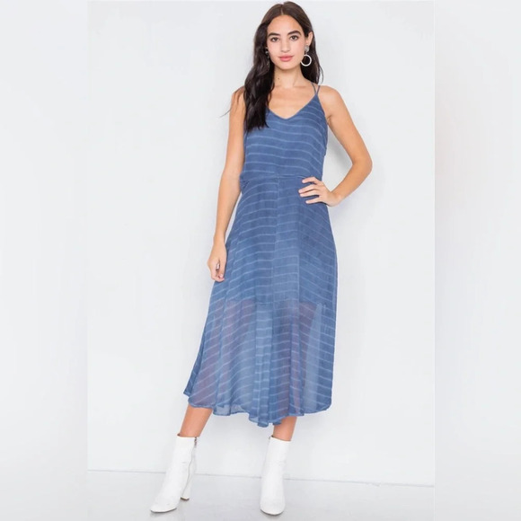 NWT-Indigo Blue Contrast Stripes Sheer Flare Leg Jumpsuit - Picture 3 of 12